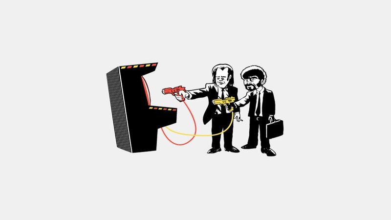 Two Men with Guns — Black, Dramatic, Illustration, Arcade Machine, Briefcase, White