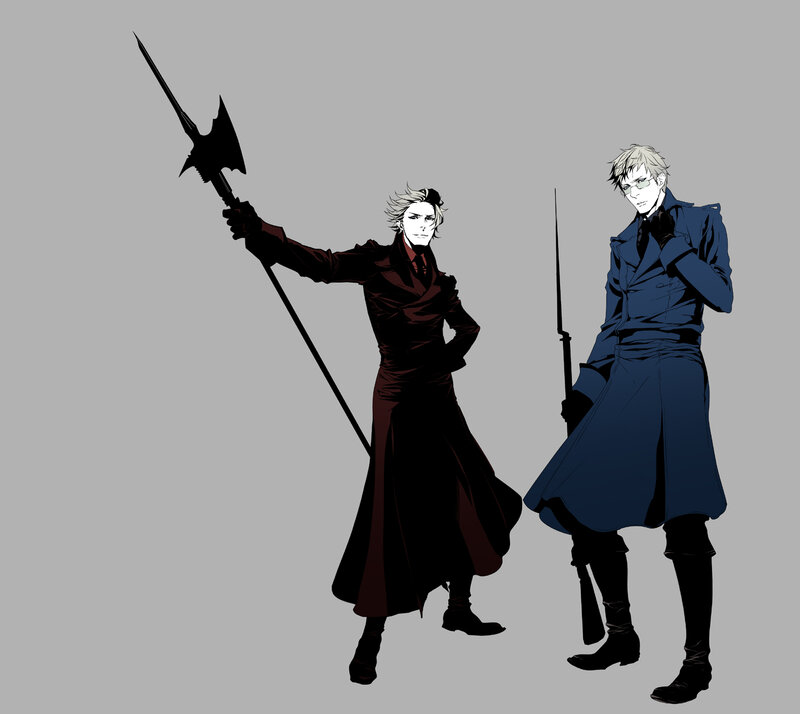Two Men with Weapons — Gray, Dramatic