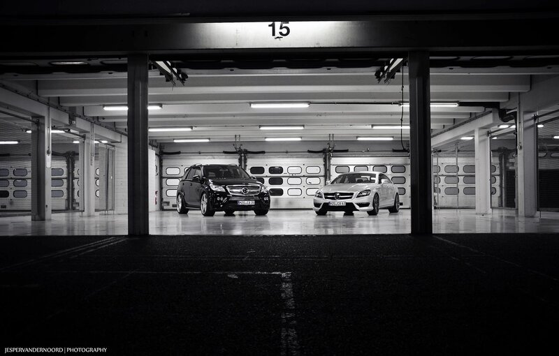 Two Mercedes-Benz cars in garage