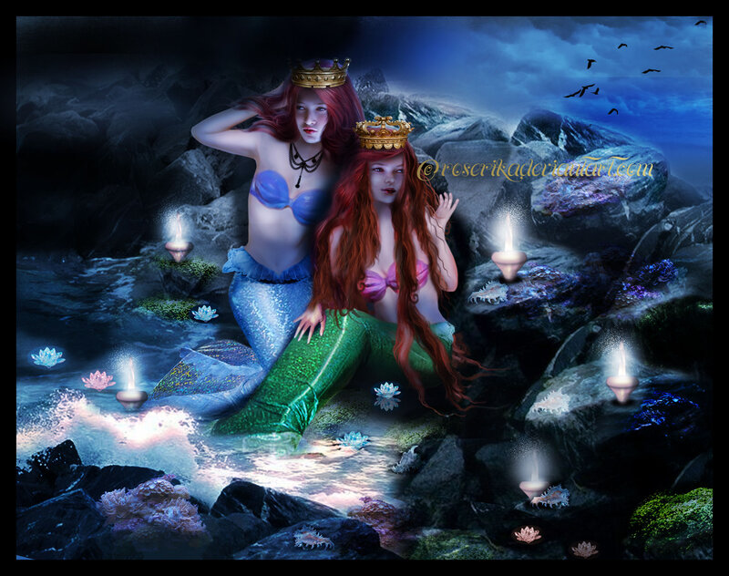 Two Mermaids on Rocks — Blue, Dramatic