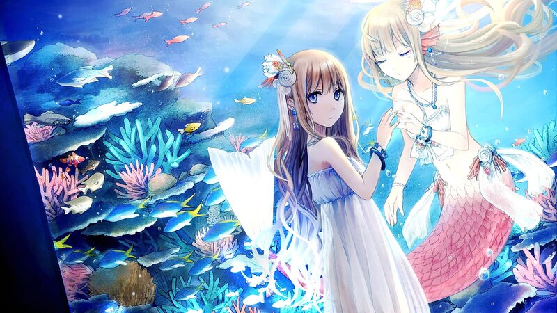 Two Mermaids Underwater — Blue, Serene, Anime, Fish