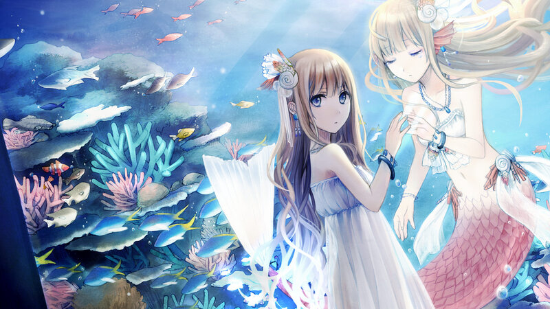 Two Mermaids Underwater — Blue, Serene, Digital Art