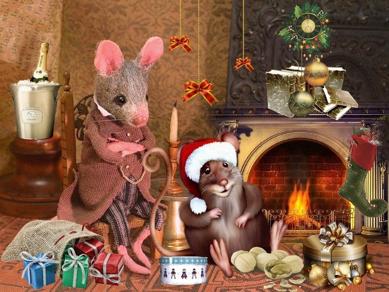 Two Mice in Holiday Scene