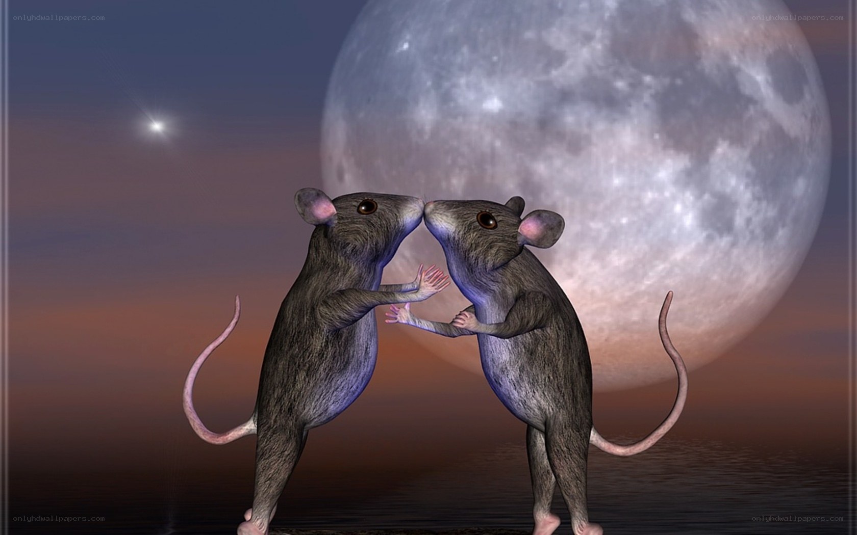 Two mice kissing under the moon