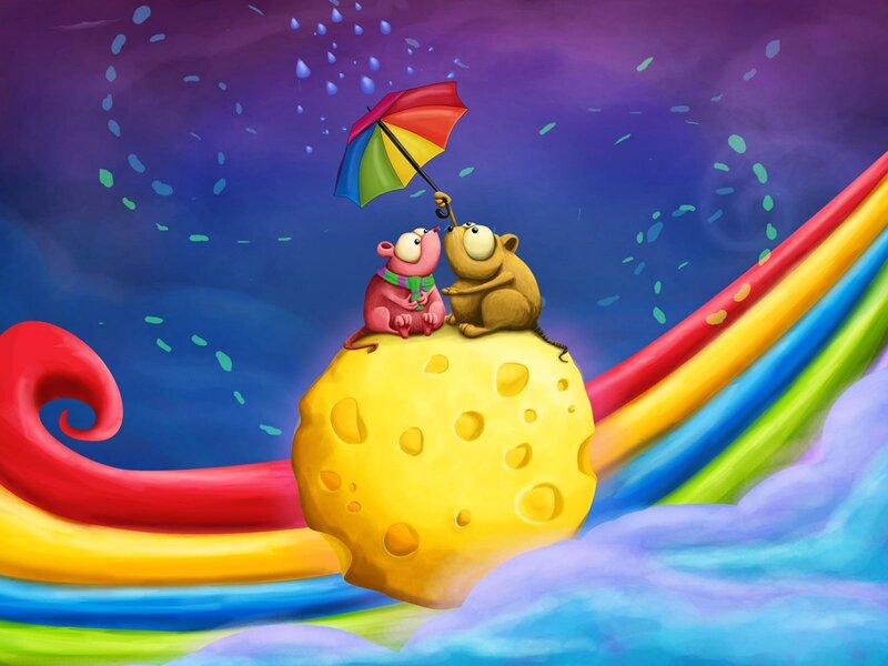 Two Mice on Cheese — Yellow, Whimsical, Digital Art