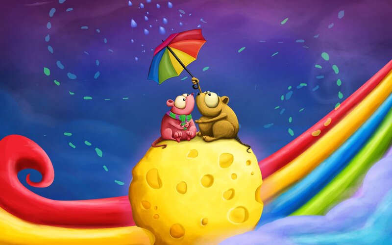 Two Mice on Cheese — Yellow, Whimsical
