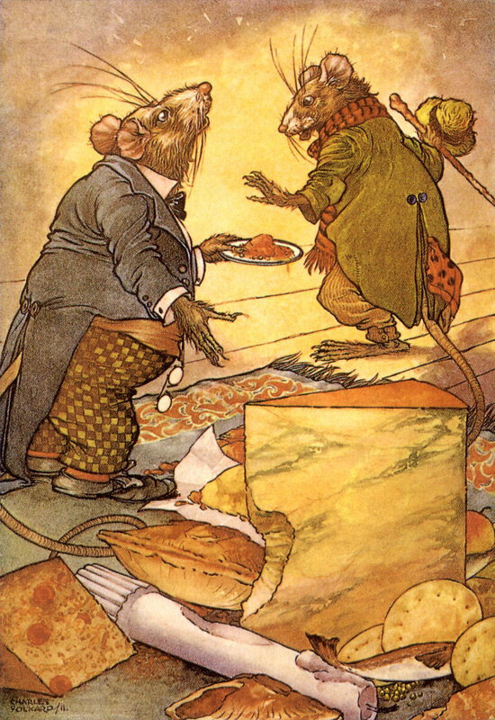 Two mice sharing a meal