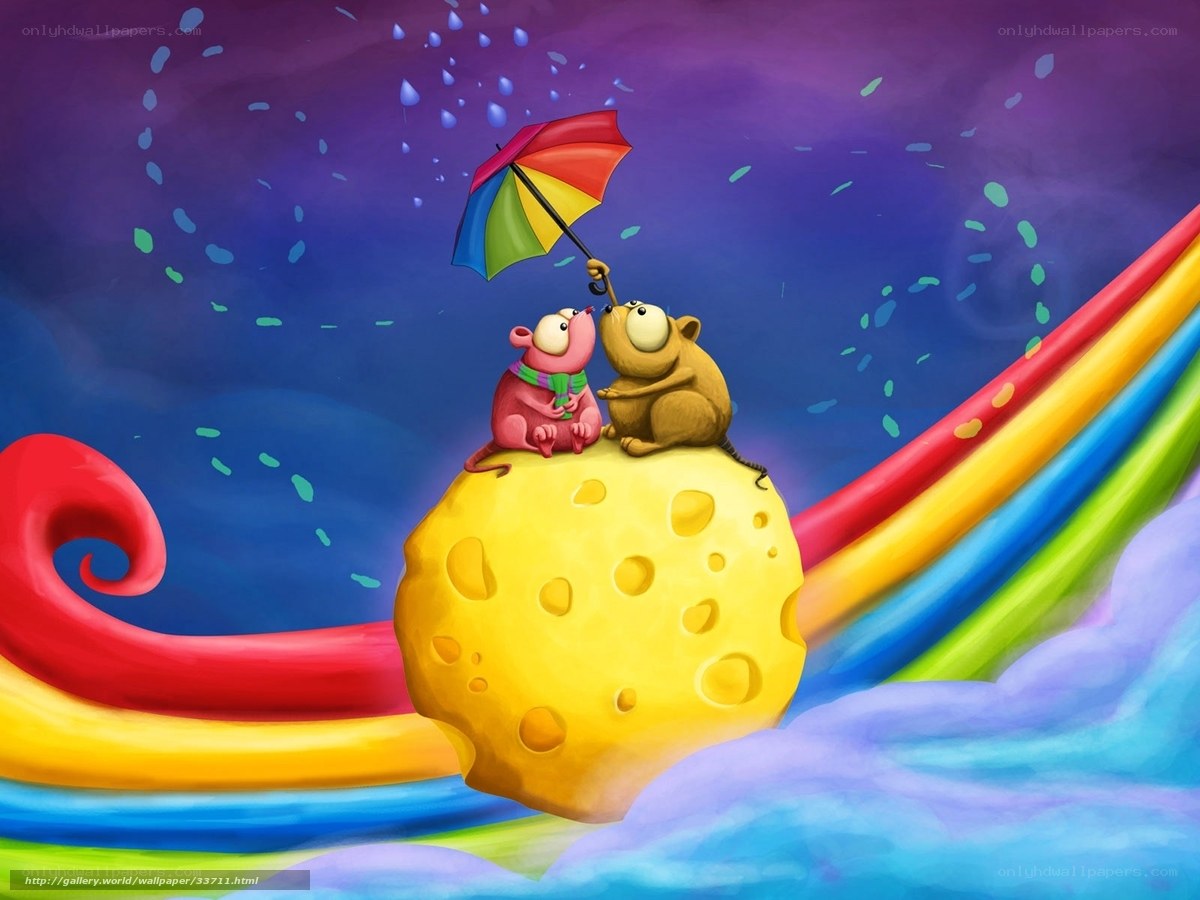 Two mice under a rainbow umbrella