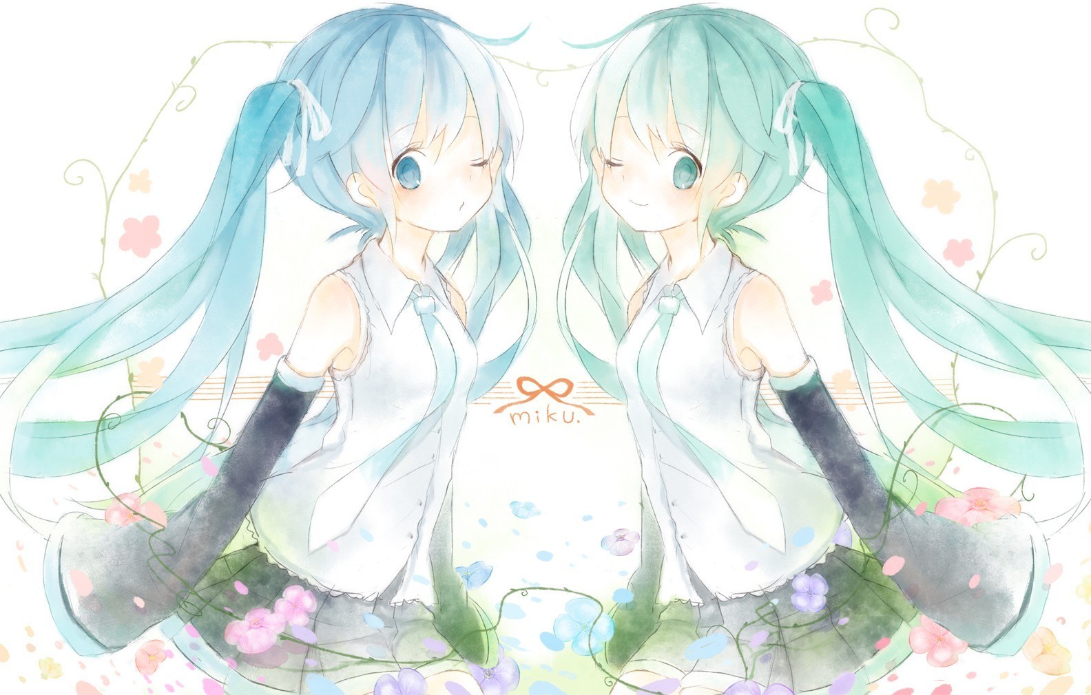 Two Miku characters in a floral scene