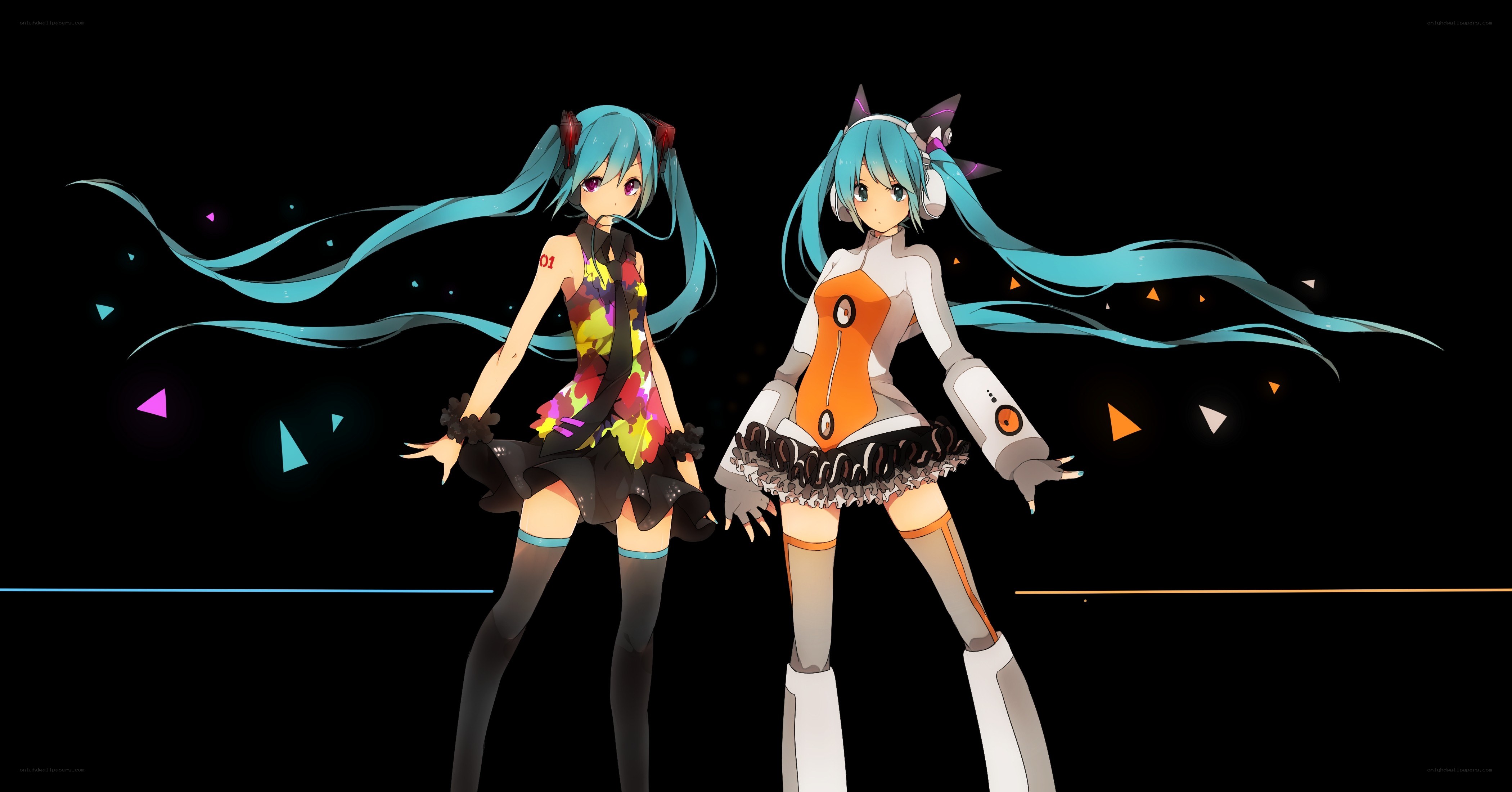 Two Miku characters in different outfits
