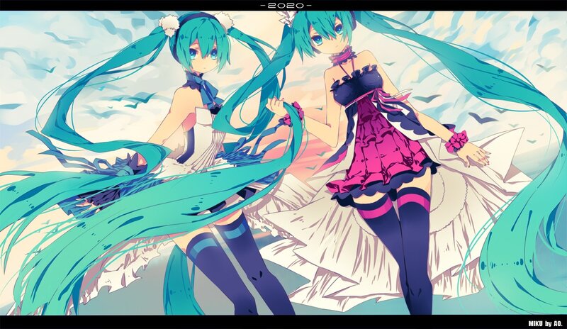 Two Miku characters in dresses