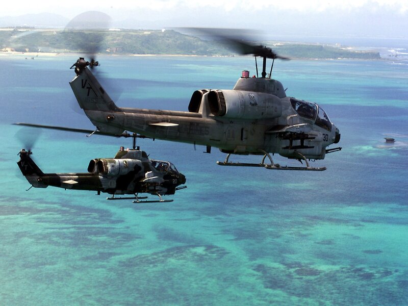 Two Military Helicopters — Blue, Aerial