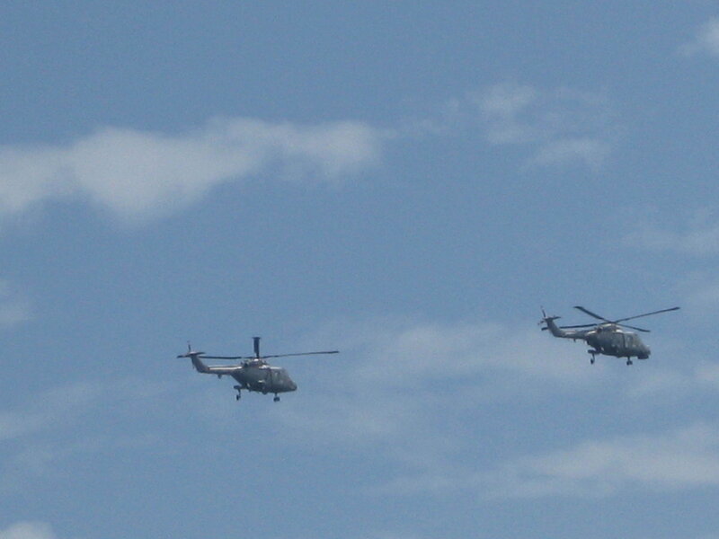 Two Military Helicopters — Blue, Calm, Afternoon, Photograph, Sky, Clouds