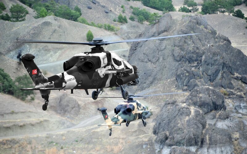 Two Military Helicopters — Green, Dramatic, Afternoon, Photograph