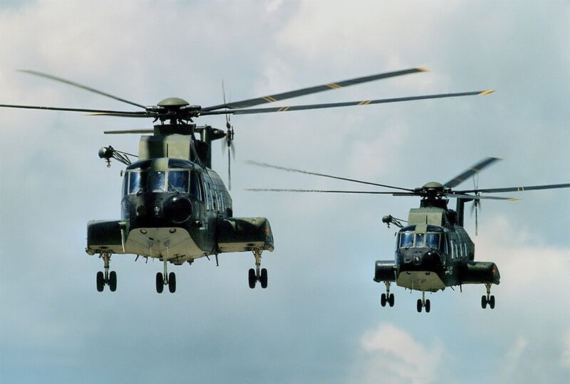 Two military helicopters in flight