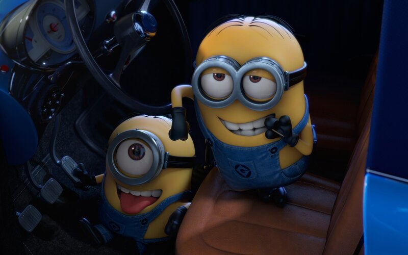 Two Minions in Car — Yellow, Playful