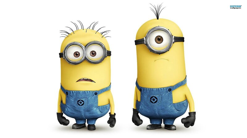 Two Minions Standing — Yellow, Neutral, 3d Render, Goggles, Overalls, Black Gloves, Blue, Black, Superb Wallpapers
