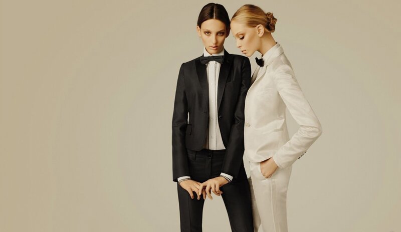 two models in tuxedos