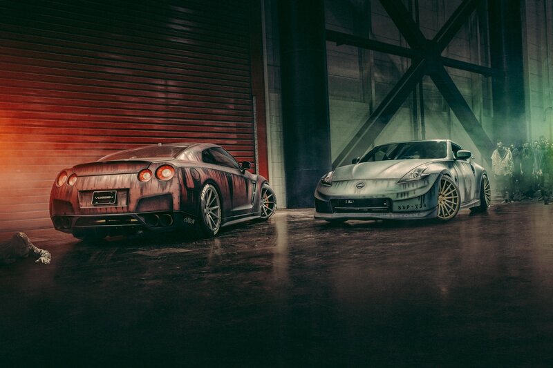 Two Modified Sports Cars — Black, Dramatic