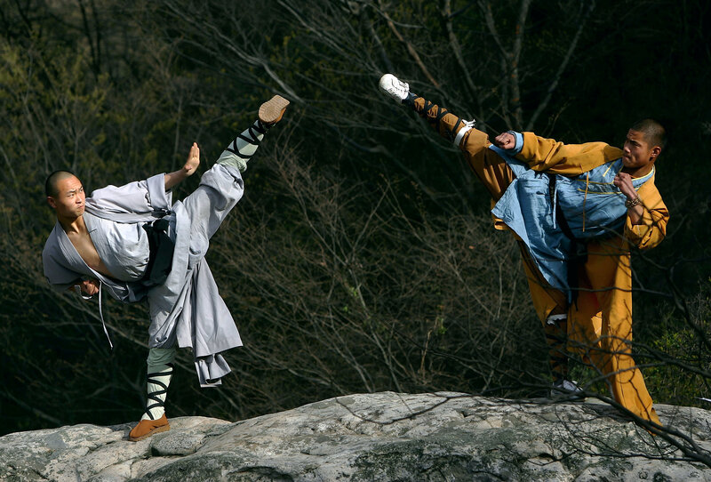 Two Monks Practicing Kung Fu