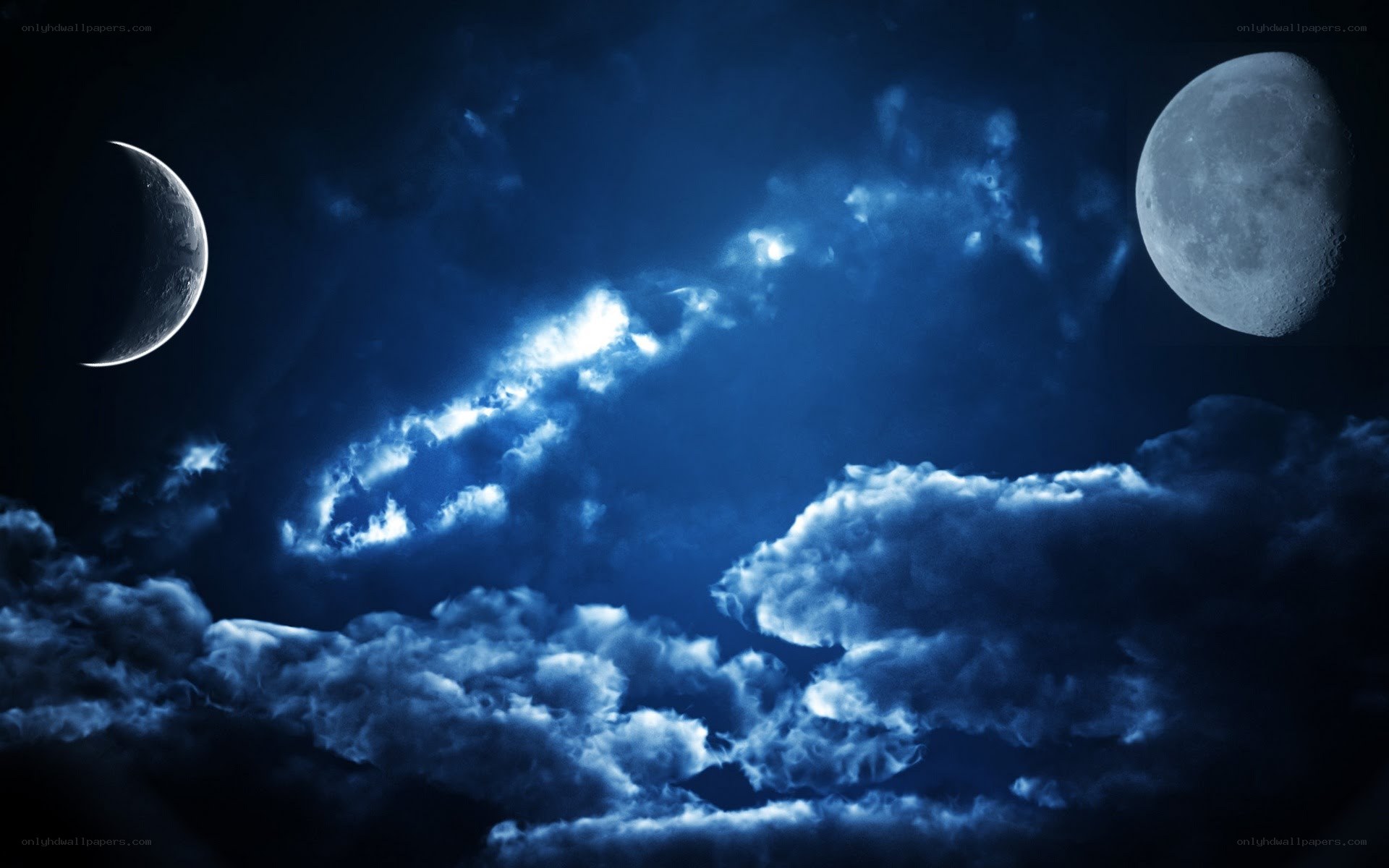 Two moons in a cloudy night sky