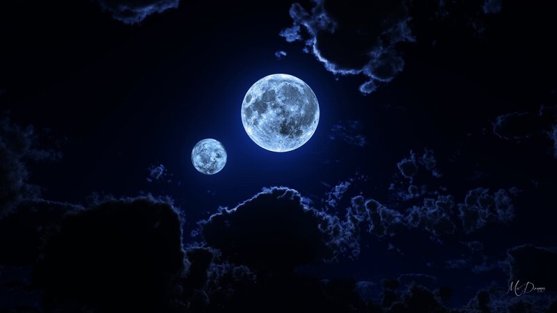 Two Moons in Night Sky — Blue, Dramatic, Digital Art, Clouds, Night Sky