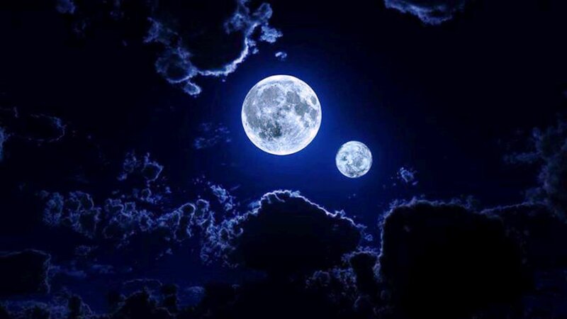 Two Moons in Night Sky — Blue, Dramatic, Digital Art, Clouds