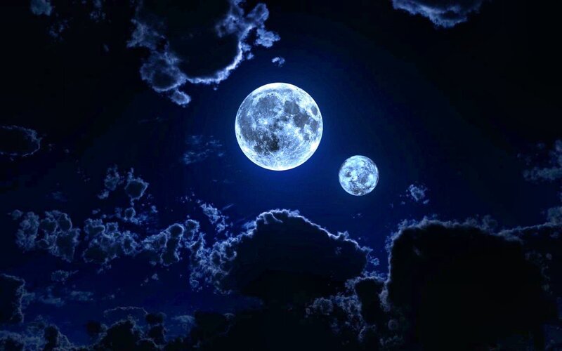 Two Moons in Night Sky — Blue, Dramatic, Digital Art