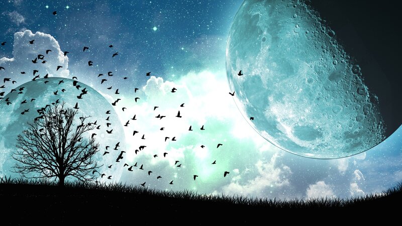 Two Moons in Night Sky — Blue, Dreamy