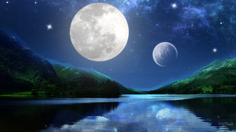 Two Moons over Lake — Blue, Serene