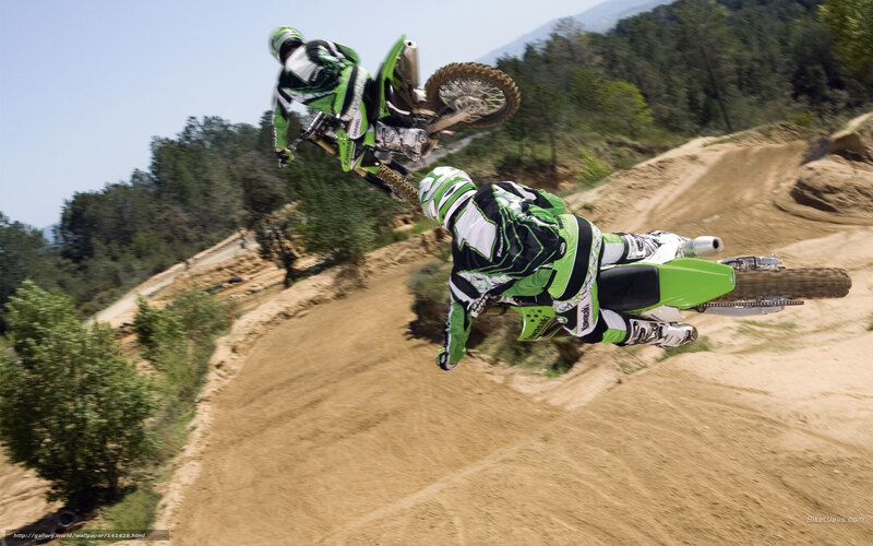 Two Motocross Riders — Green, Dynamic, Afternoon, Photograph