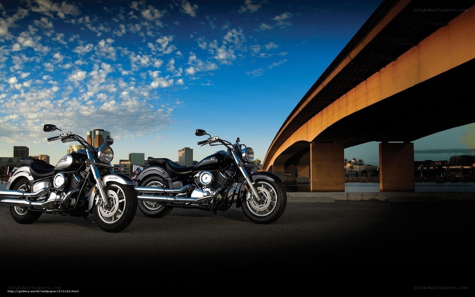 Two motorcycles under a bridge