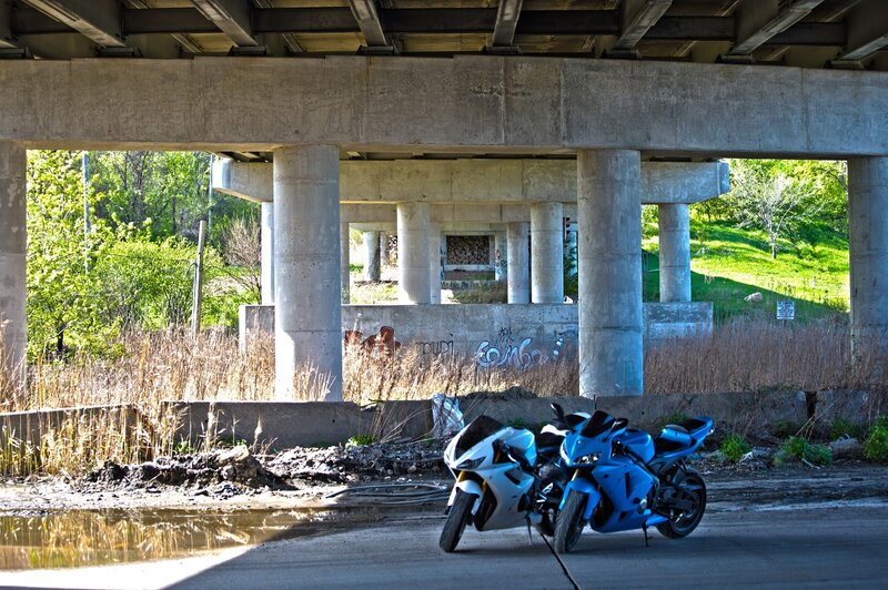 Two Motorcycles under Bridge — Blue