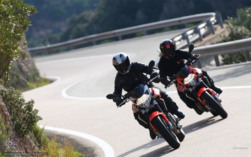 Two Motorcyclists on Road — Black, Dynamic, Afternoon, Photograph, Motorcycles, Guardrail