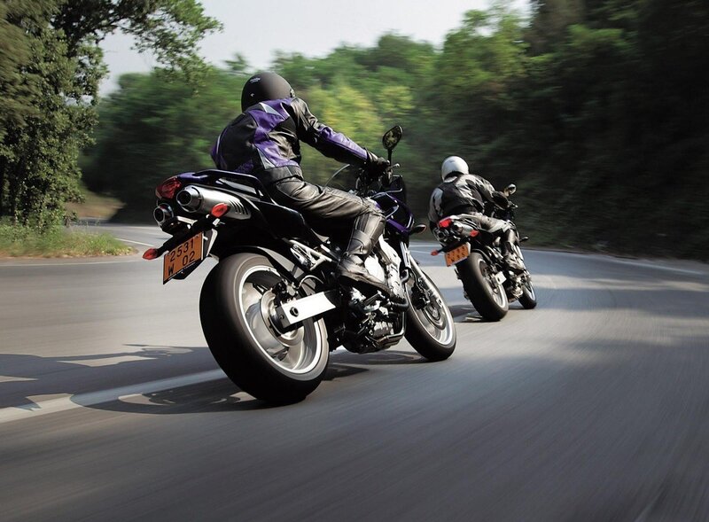 Two Motorcyclists on Road — Black, Dynamic, Afternoon, Photograph, Motorcycles, Trees, Green