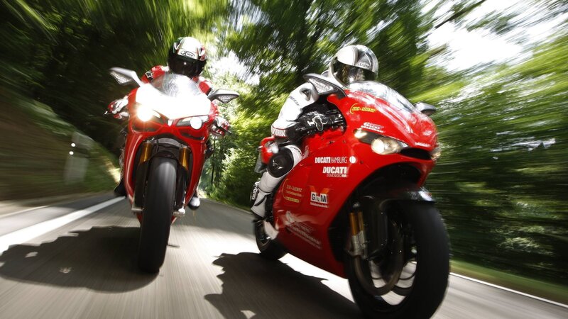 Two Motorcyclists on Road — Red, Dynamic, Afternoon