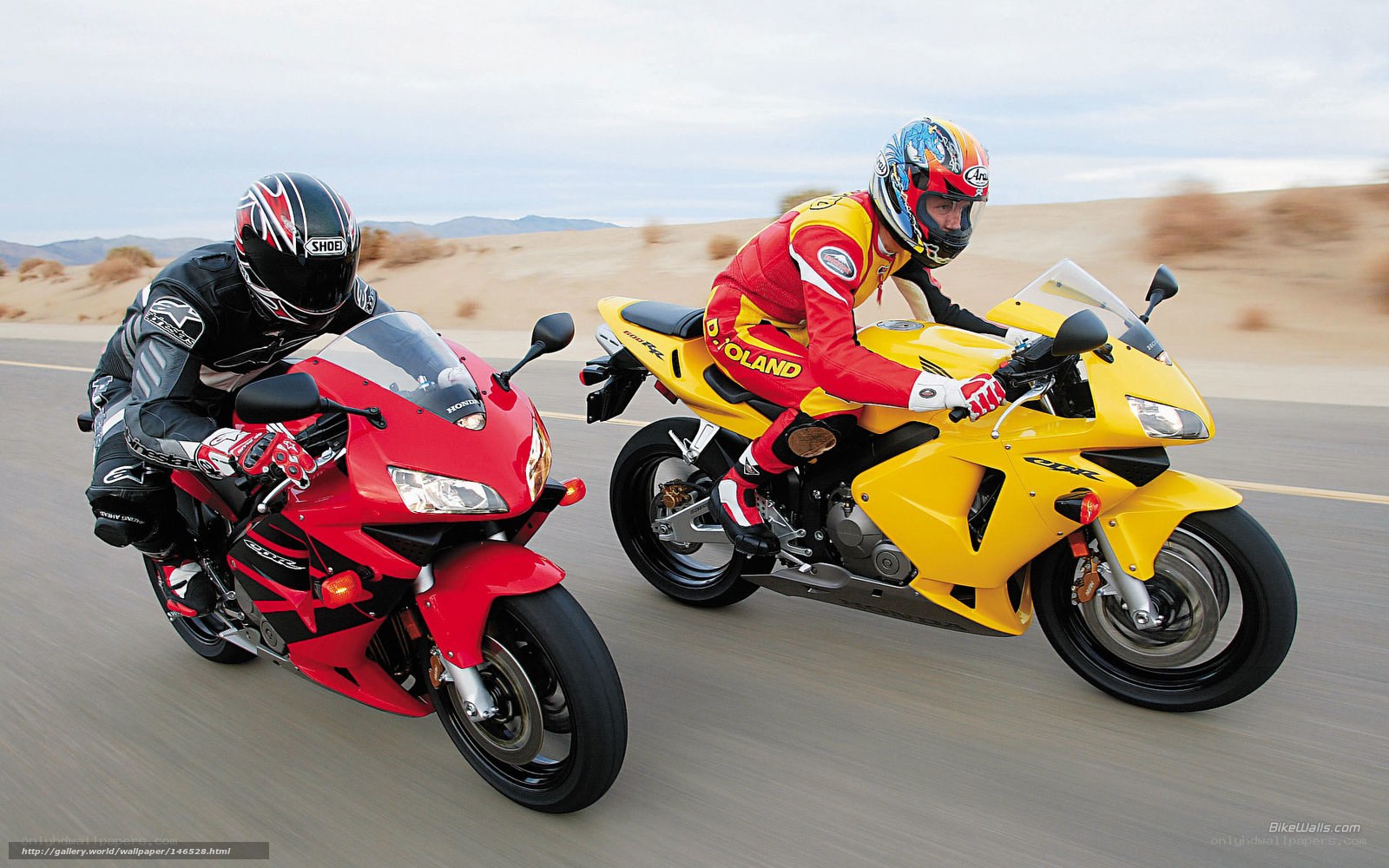 Two motorcyclists racing on a road