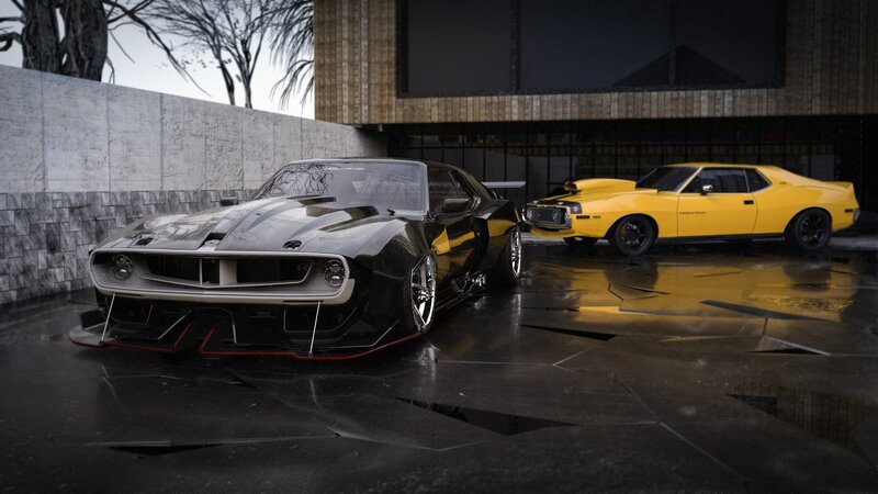Two Muscle Cars — Black, Dramatic, Night
