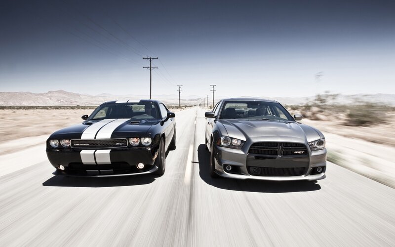 Two Muscle Cars — Black, Dynamic, Afternoon, Photograph, Road, Desert, Mountains