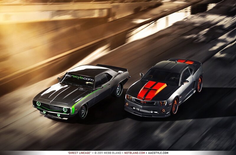Two Muscle Cars — Black, Dynamic, Sunset