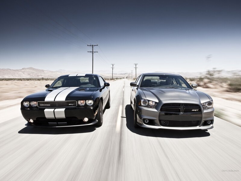 Two Muscle Cars on Road — Black, Dynamic, Afternoon, Photograph