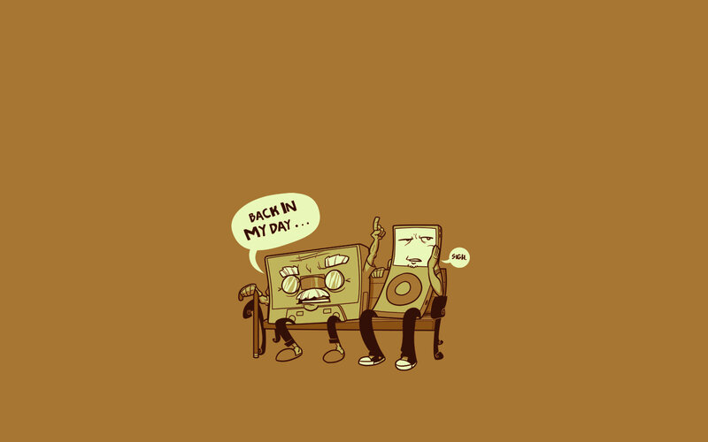 Two Music Players on Bench — Brown