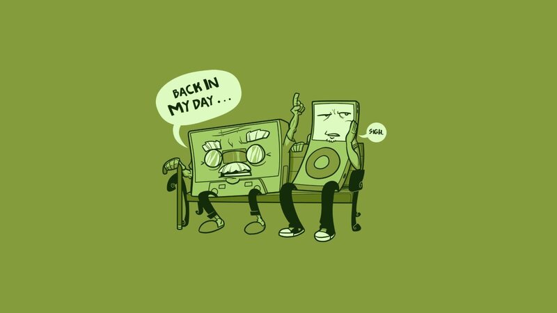 Two Music Players on Bench — Green, Humorous