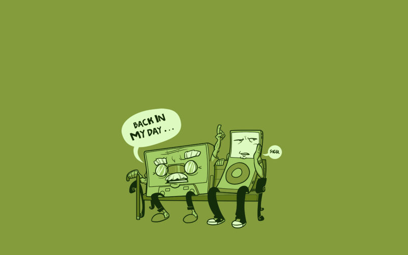 Two Music Players on Bench — Green, Nostalgic, Comic