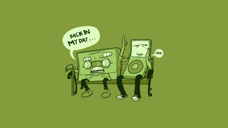Two Music Players on Bench — Green, Nostalgic