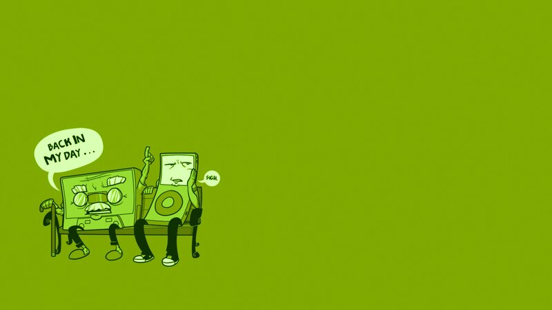 Two Music Players on Bench — Nostalgic
