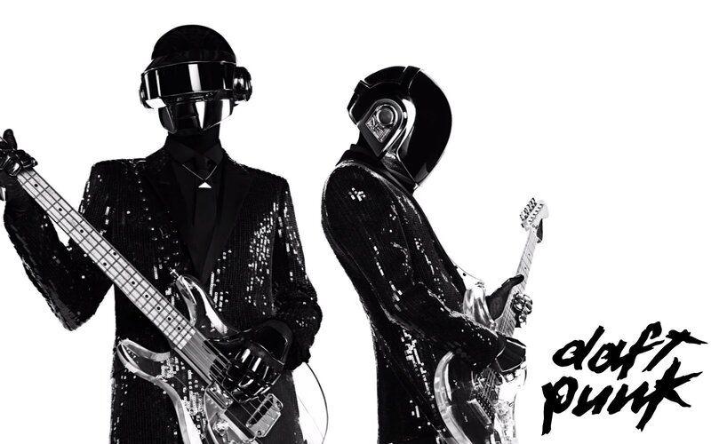 Two Musicians in Helmets — Black, Dramatic, Photograph, Bass Guitar