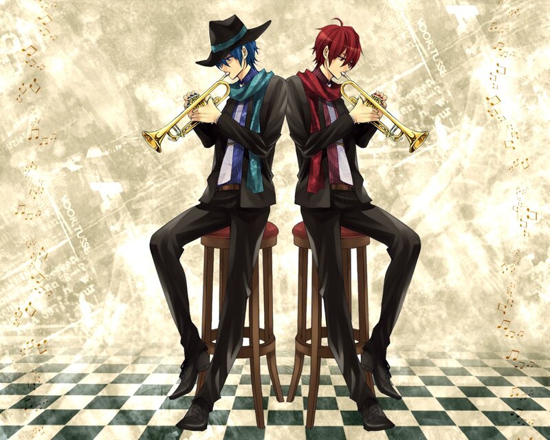 Two musicians playing trumpets