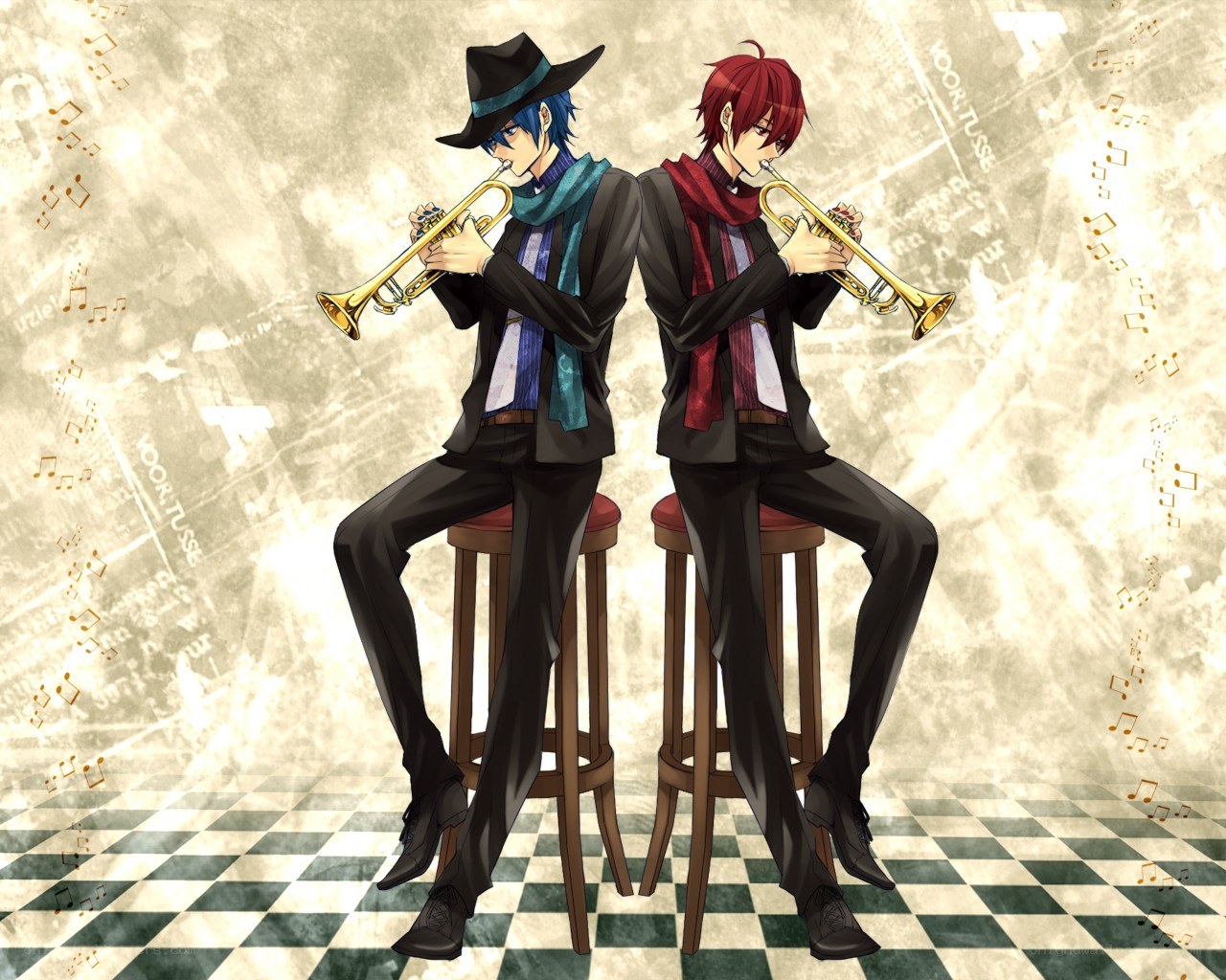 Two musicians playing trumpets