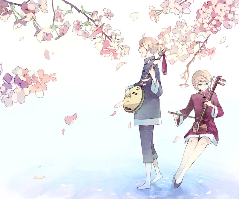 Two musicians under cherry blossoms